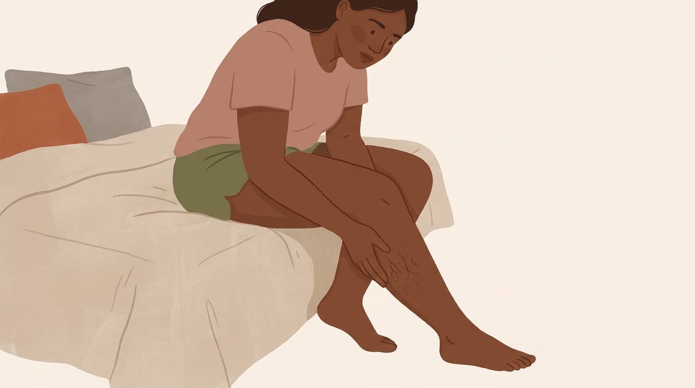 Illustration of a woman seated on her bed, leaning forward to look at fine spider veins on her own calf.