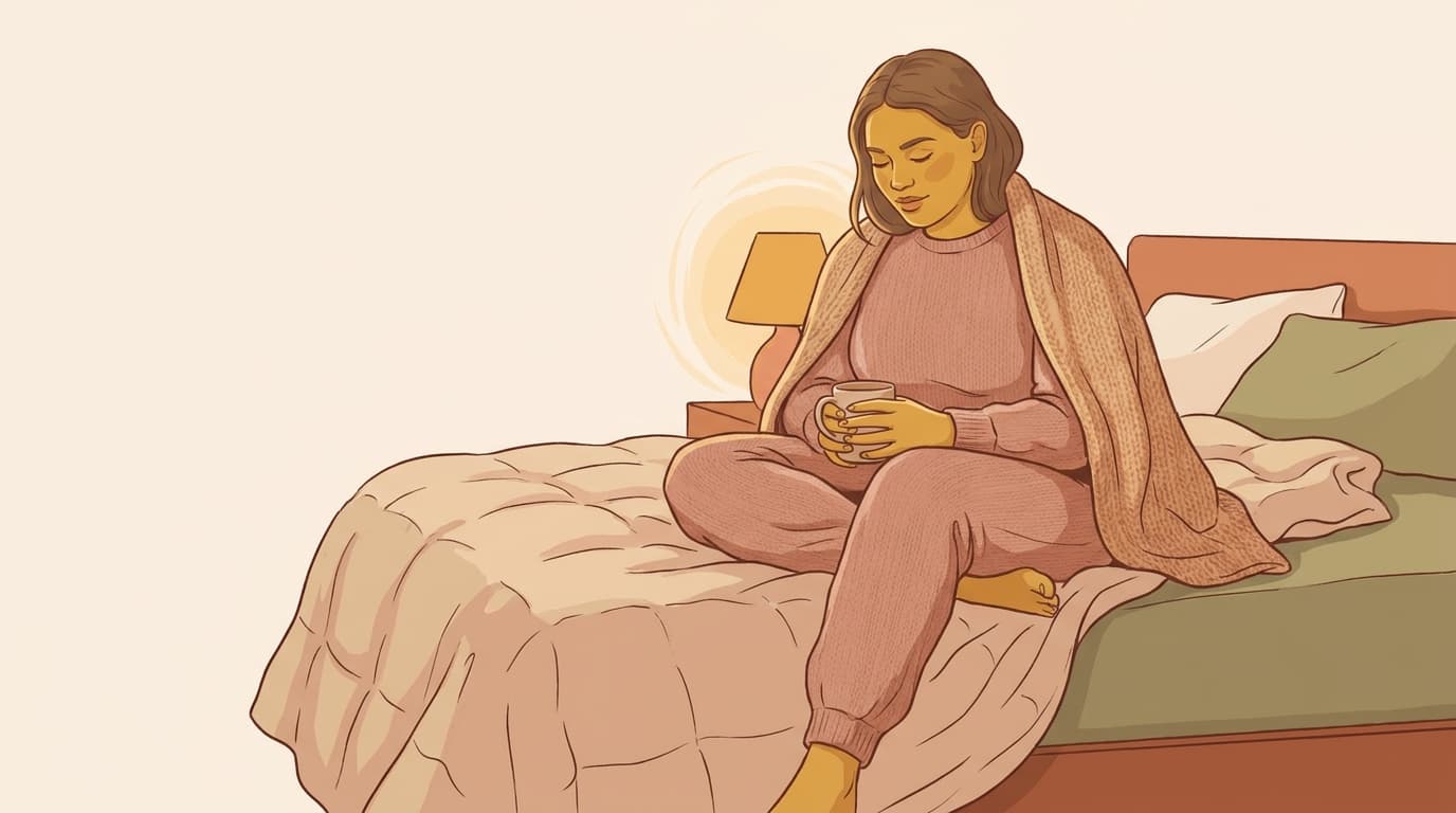 Illustration of a woman seated on the edge of a bed in the evening, wrapped in a blanket with a warm mug in her hands.