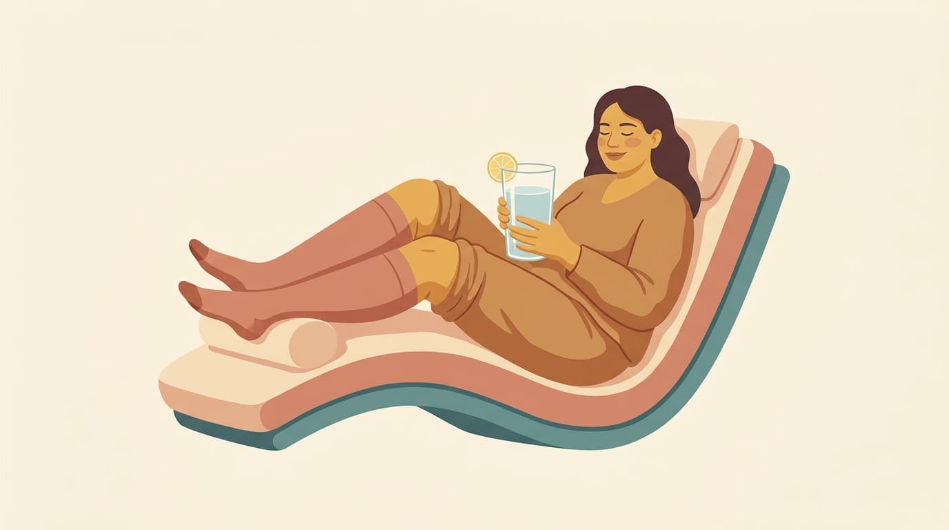 Illustration of a woman reclining with her legs up, wearing compression stockings and holding a glass of water.