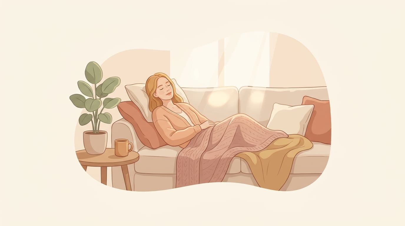 Illustration of a woman recovering peacefully on a sofa under a blanket with a warm drink nearby.