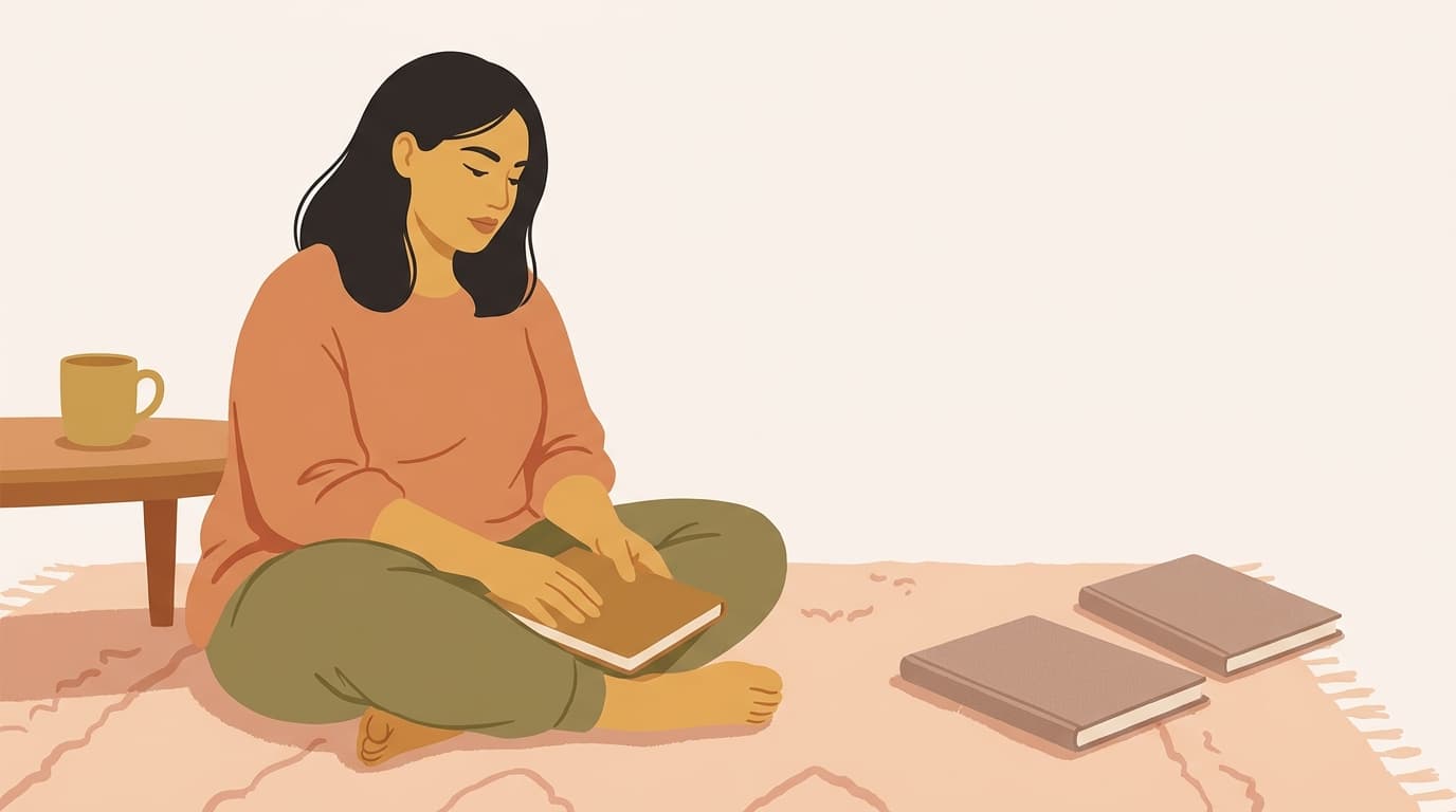 Illustration of a thoughtful woman seated cross-legged with a closed notebook on her lap, two more notebooks beside her.