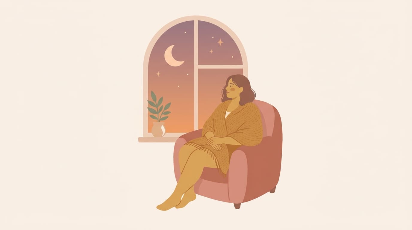 Illustration of a woman resting in an armchair by a window at dusk, a crescent moon in the evening sky.