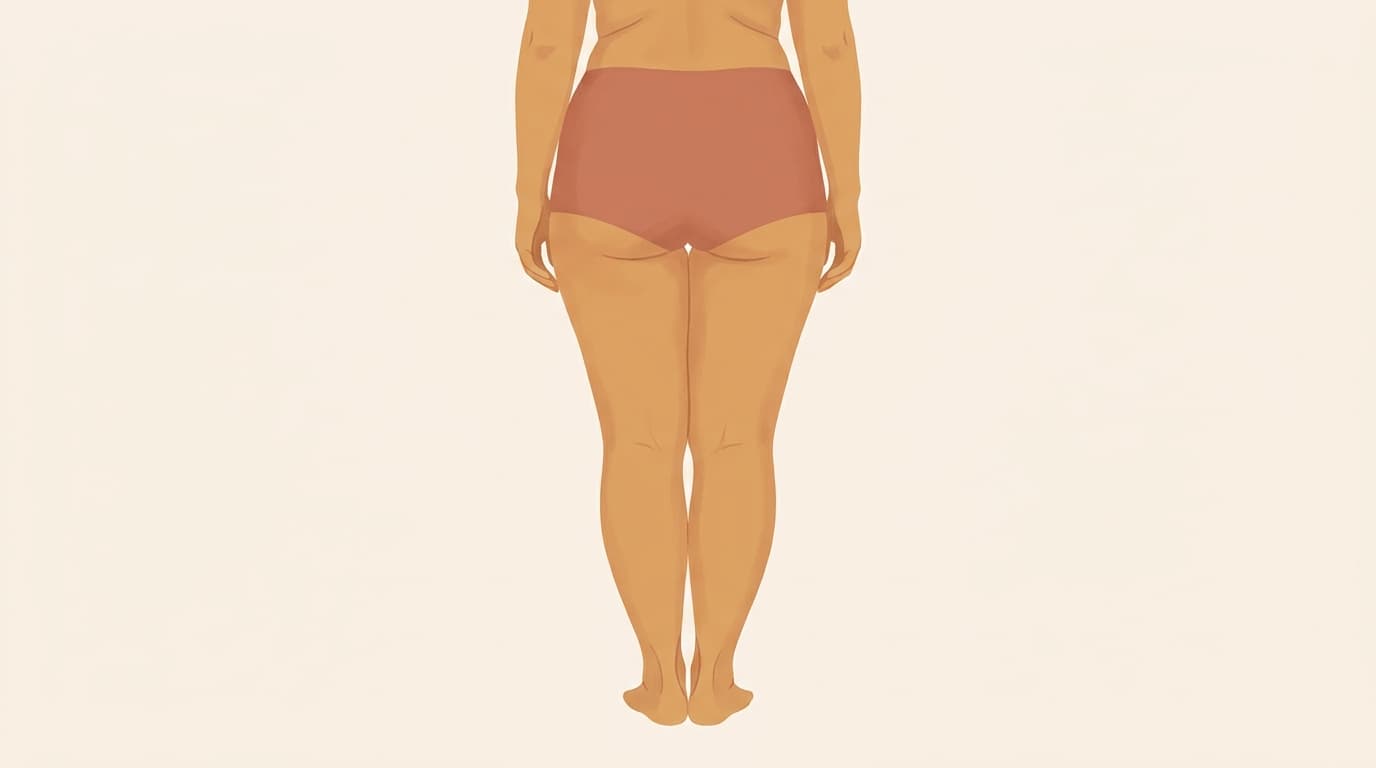 Illustration of a woman's lower body with fuller hips, thighs and calves ending at slim ankles and feet — the characteristic lipoedema silhouette.