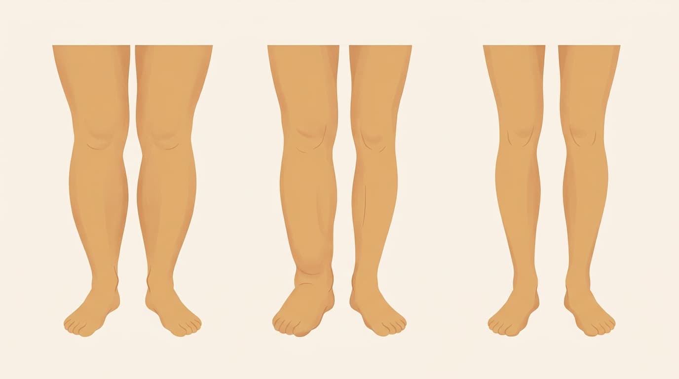 Illustration of three pairs of lower legs side by side: lipoedema's slim ankles and feet, lymphoedema's swollen foot, and evenly proportioned legs.