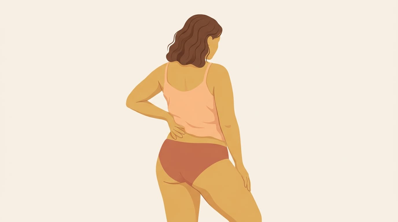 Illustration of a woman seen from behind with one hand resting on her lower back, weight shifted to one leg.