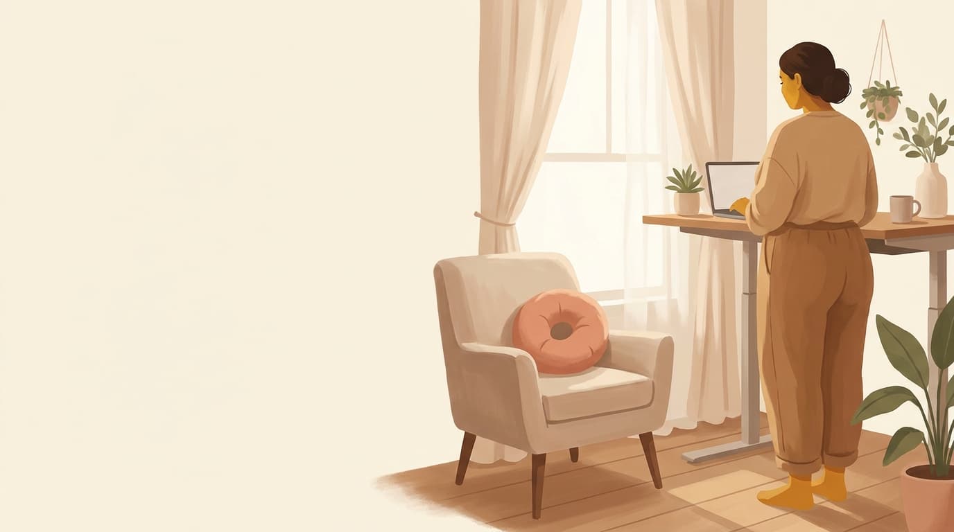 Illustration of a woman working at a standing desk beside an empty chair fitted with a ring-shaped cushion.