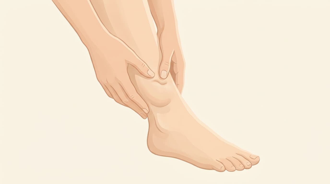 Illustration of a thumb pressing into softly swollen skin above the ankle, leaving a subtle dent.