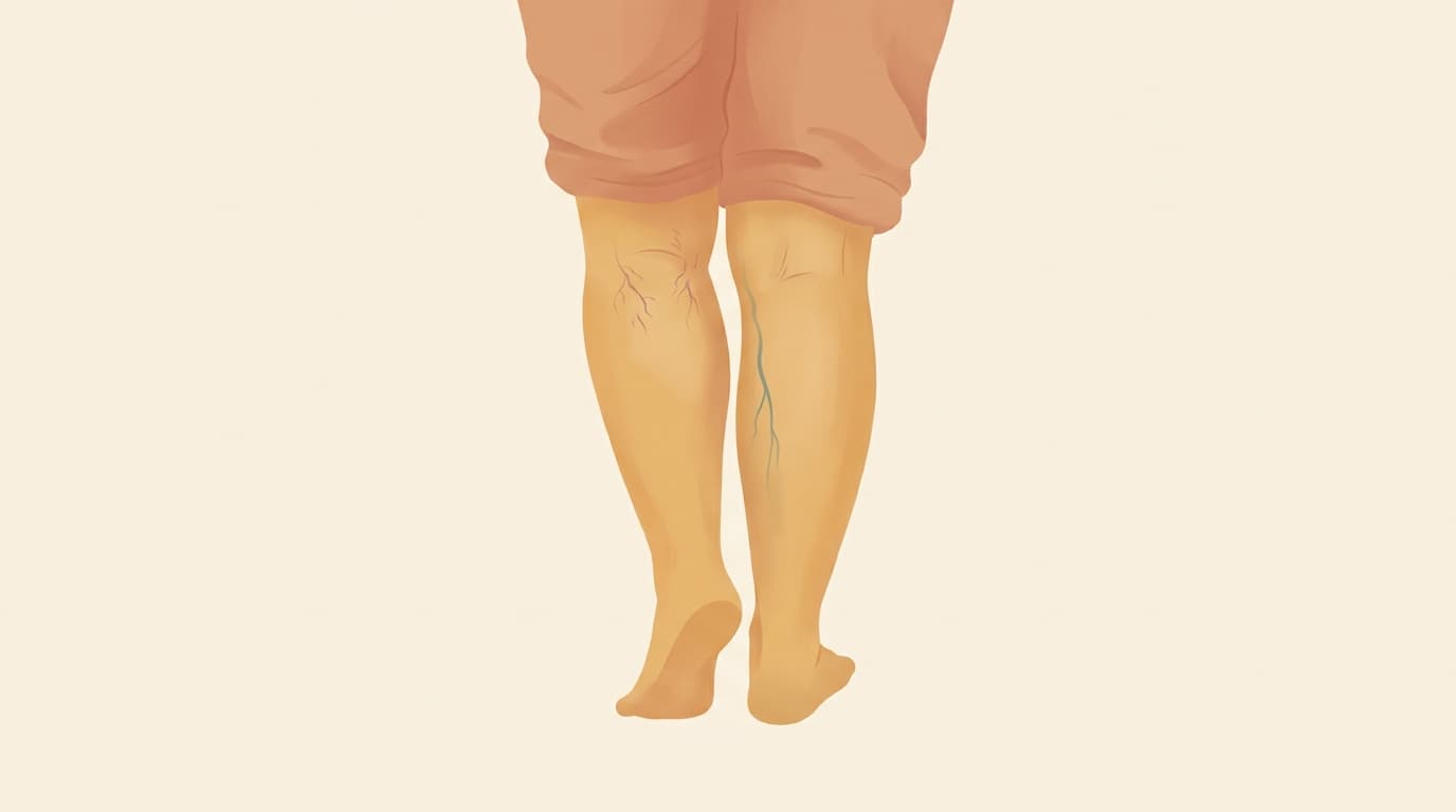 Illustration of a woman's lower legs with a few delicate spider veins behind the knee and one soft vein on the calf.