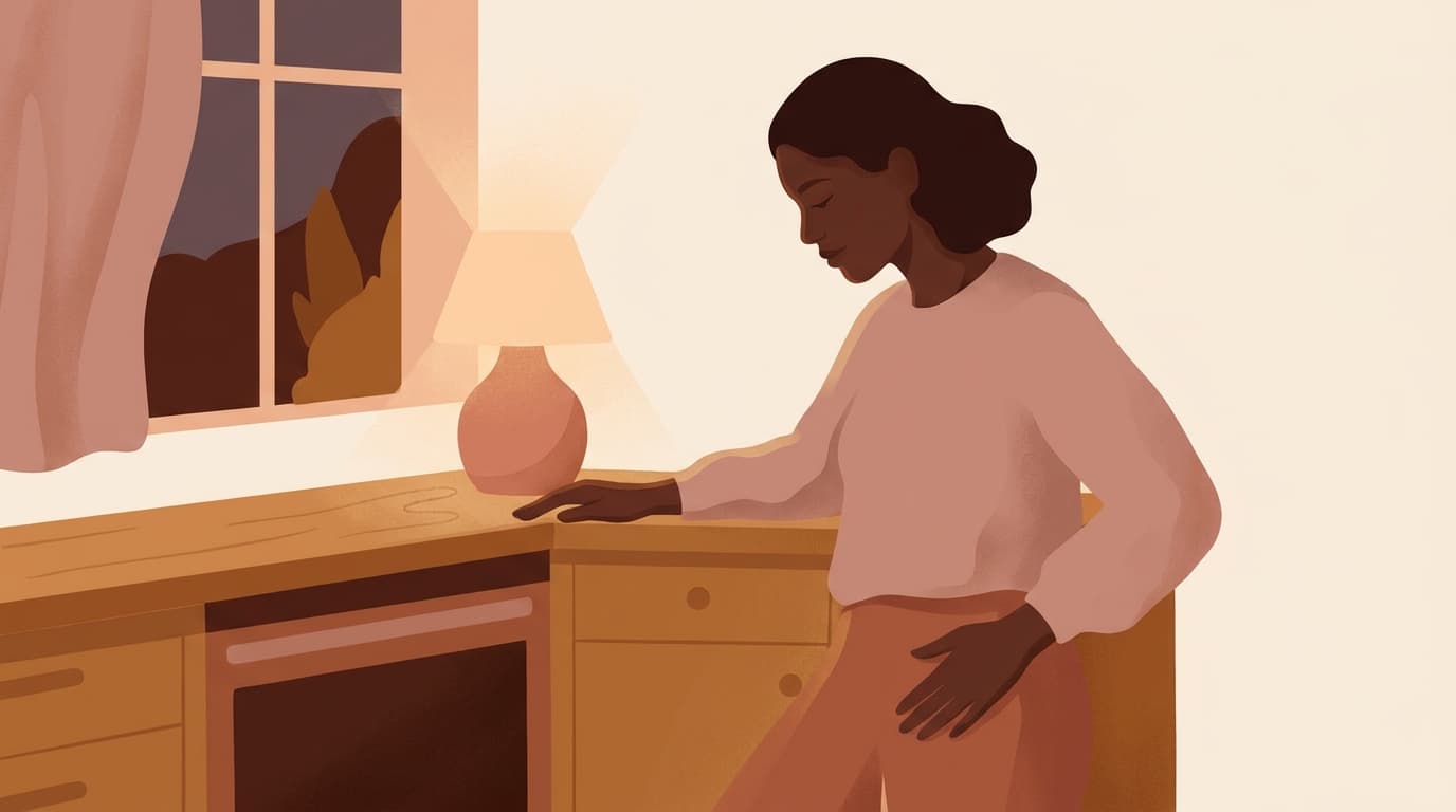 Illustration of a woman leaning against a kitchen counter in the evening, one hand resting low on her pelvis.