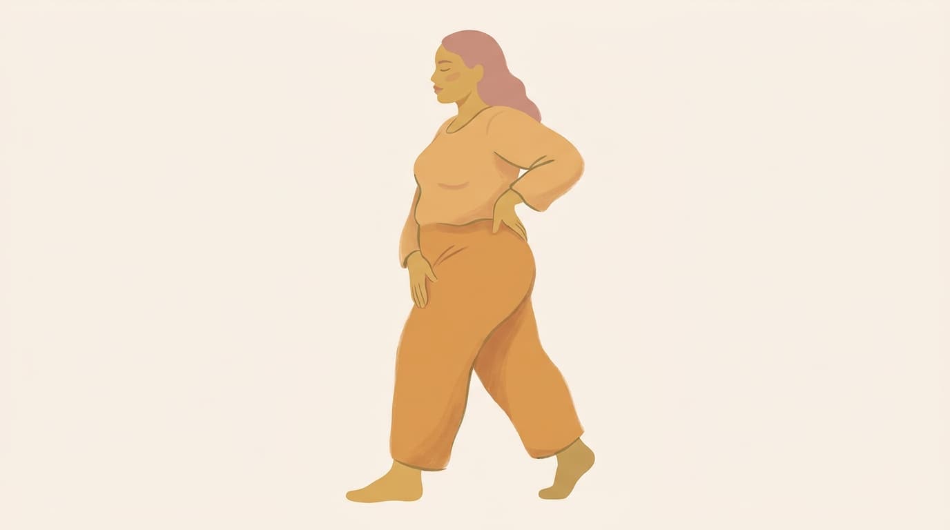 Illustration of a woman standing in profile with one hand on her hip and the other on her lower back.