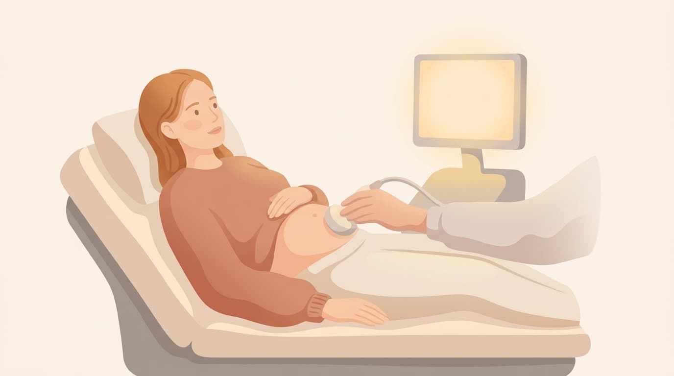 Illustration of a woman lying on an examination couch while a clinician rests an ultrasound probe on her lower abdomen.