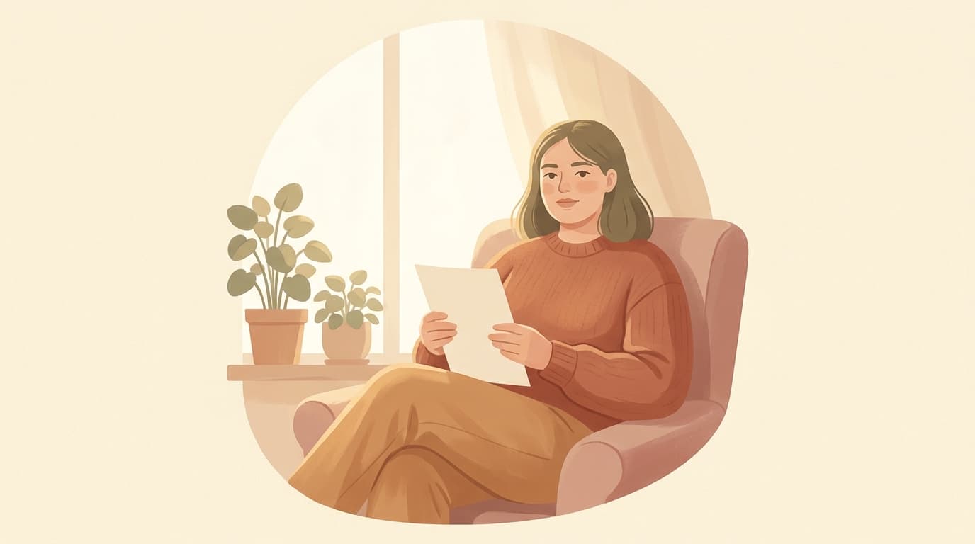 Illustration of a composed woman seated by a window holding a blank test-result page.