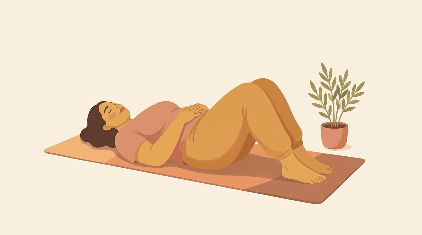 Illustration of a woman lying on a mat with knees bent and hands resting on her lower belly, breathing calmly.