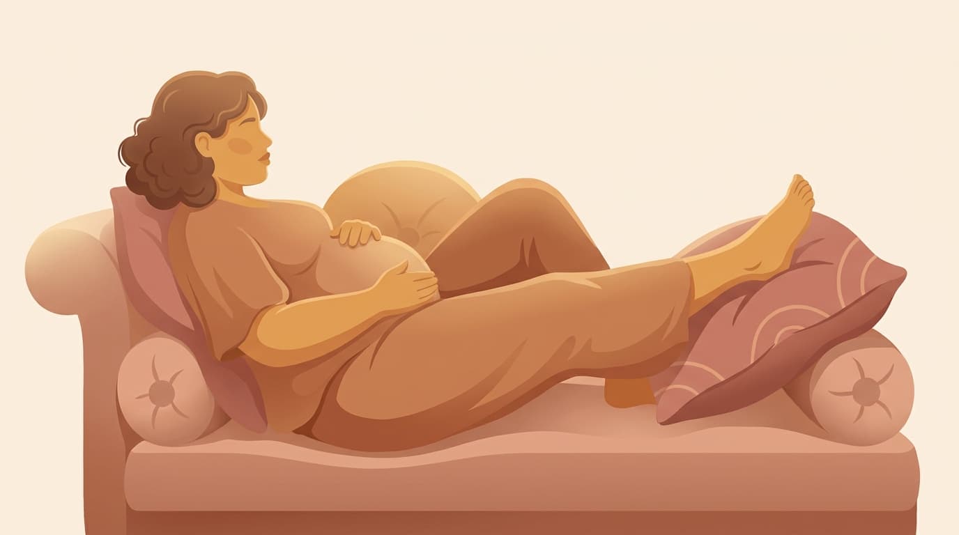 Illustration of a pregnant woman resting in profile with her legs elevated on a cushion, one hand on her bump.
