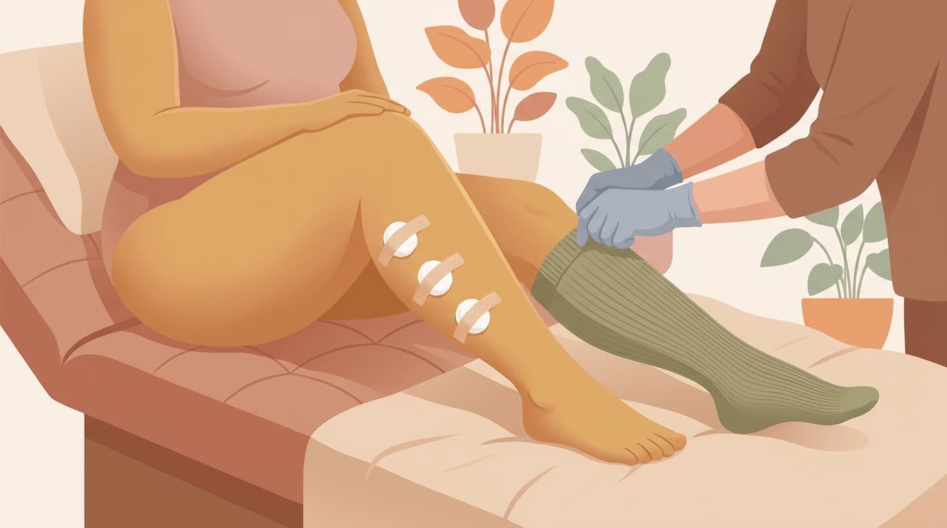 Illustration of a woman's legs on a treatment couch, cotton pads taped along one calf while gloved hands fit a compression stocking on the other.