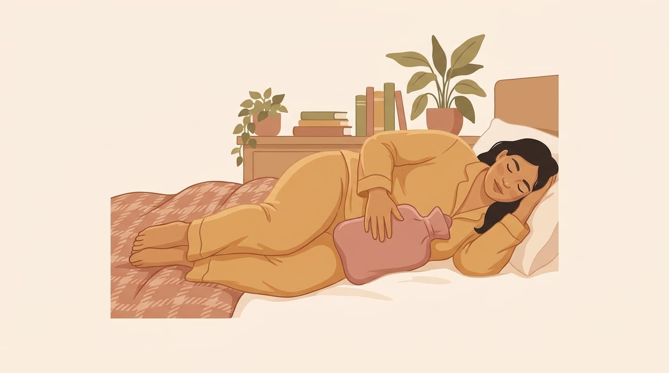 Illustration of a woman resting on her side in bed with a hot-water bottle held to her lower belly.