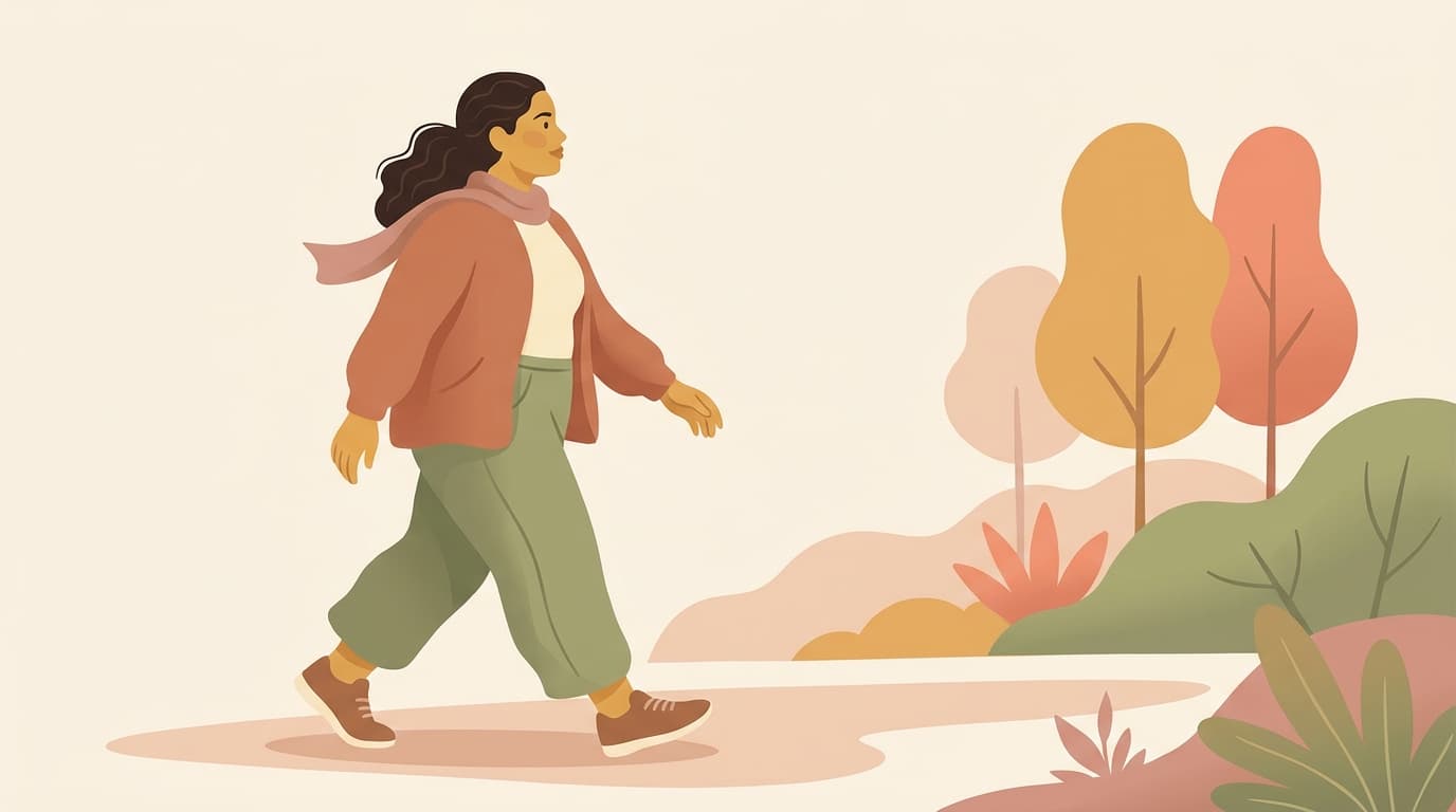 Illustration of a woman walking outdoors with an easy, energetic stride.