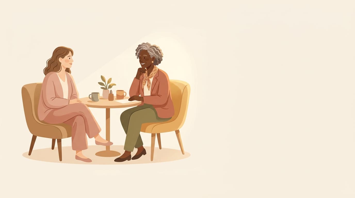 Illustration of a woman and a clinician seated together at a small table, talking as equals.
